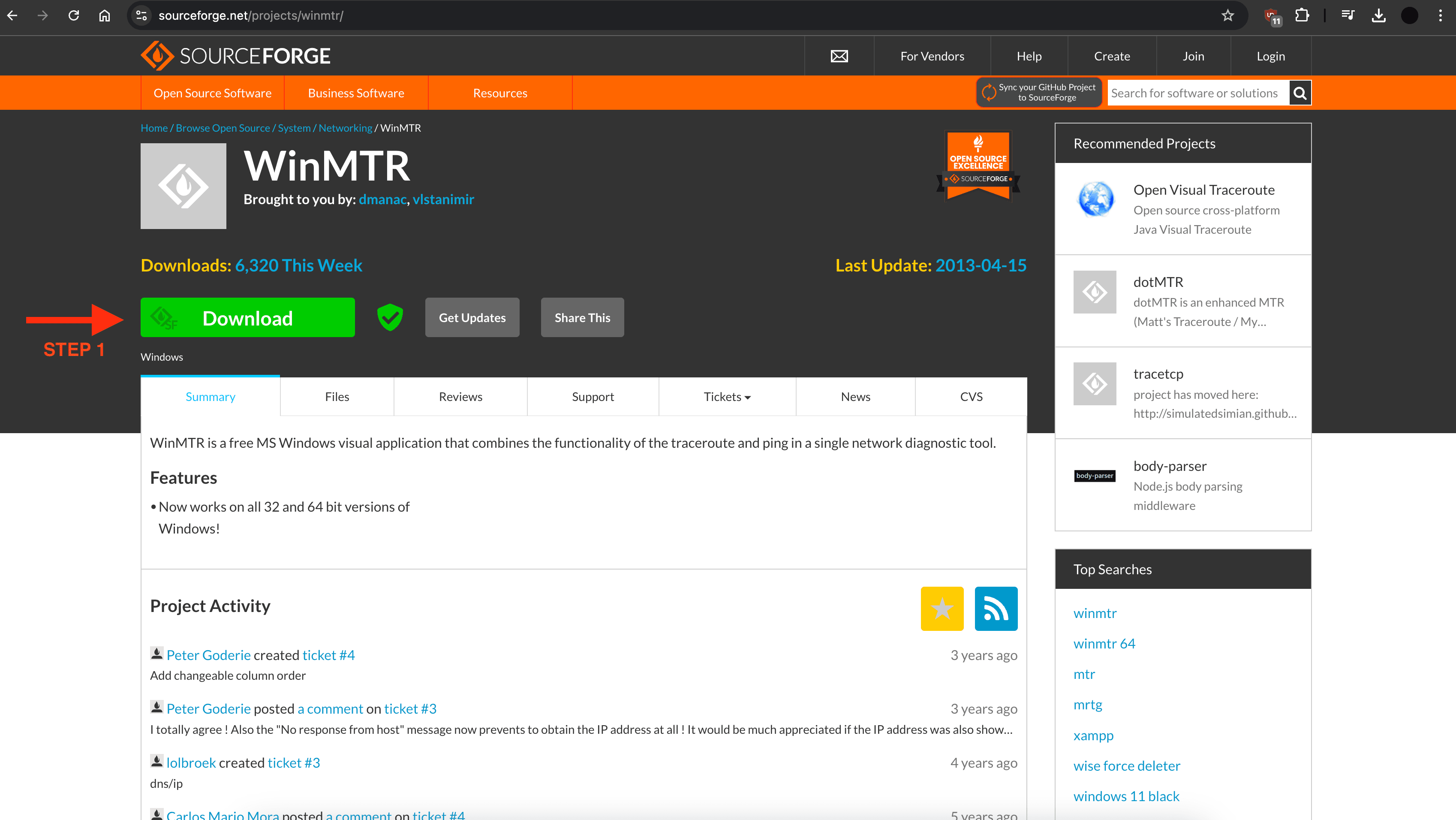 WinMTR 在 Sourceforge 的下载页面